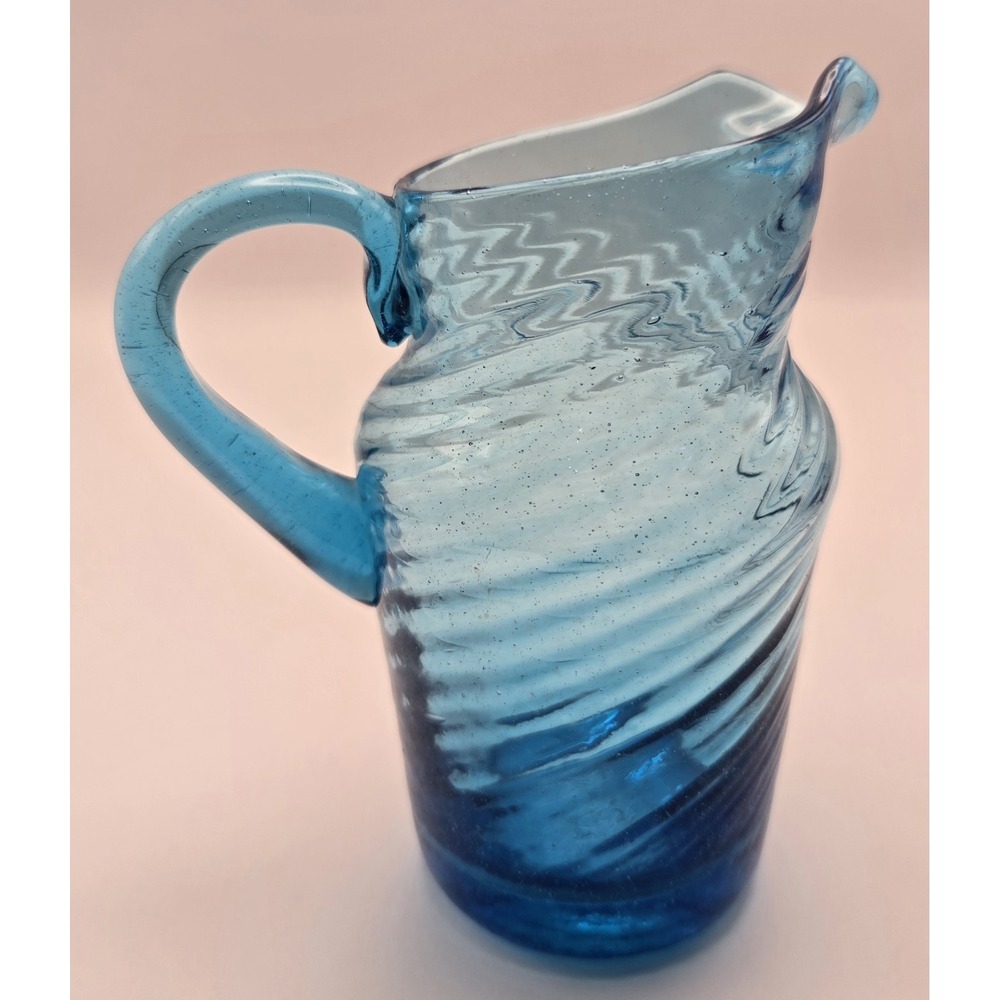Vintage Turquoise Pitcher Swirls And Bubbles. Small Handblown Amber Glass